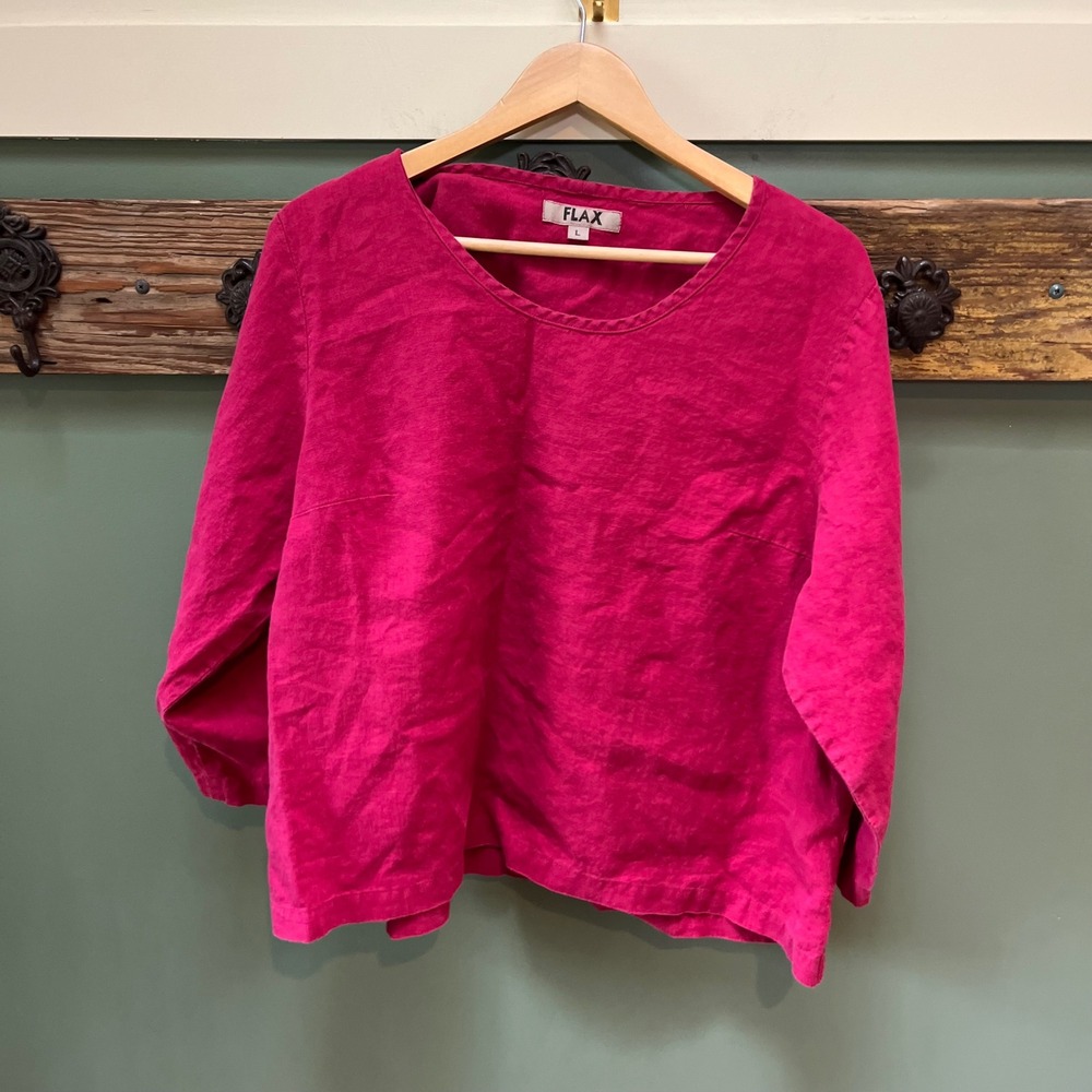 FLAX Women Magenta Pink 100% Linen Scoop Neck 3/4 Sleeve Top Large Lithuania
